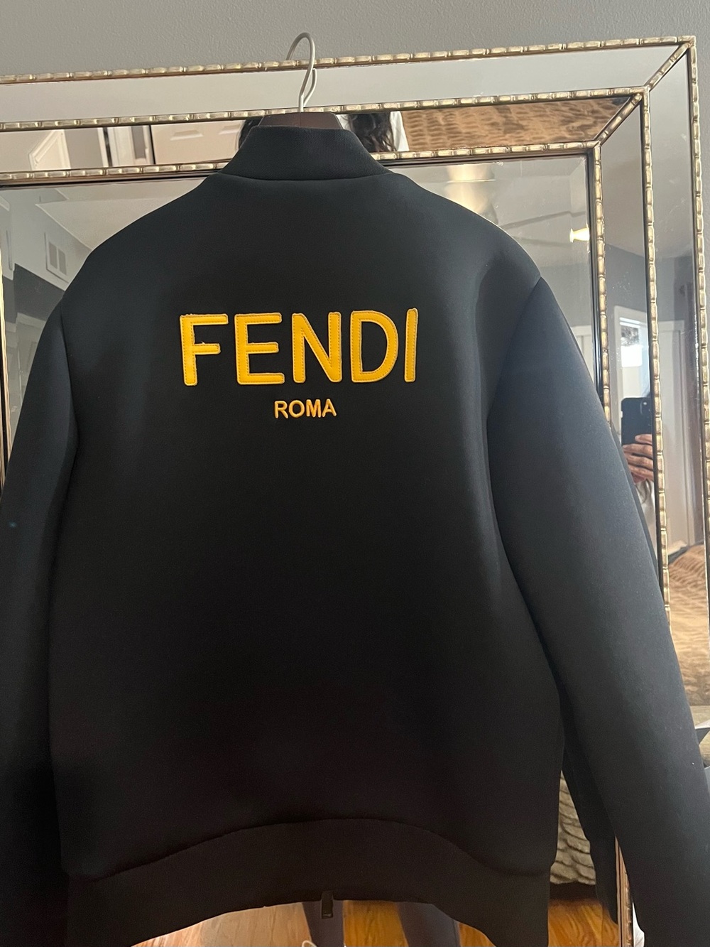 Fendi Men's Black Jacket with Yellow Leather Logo